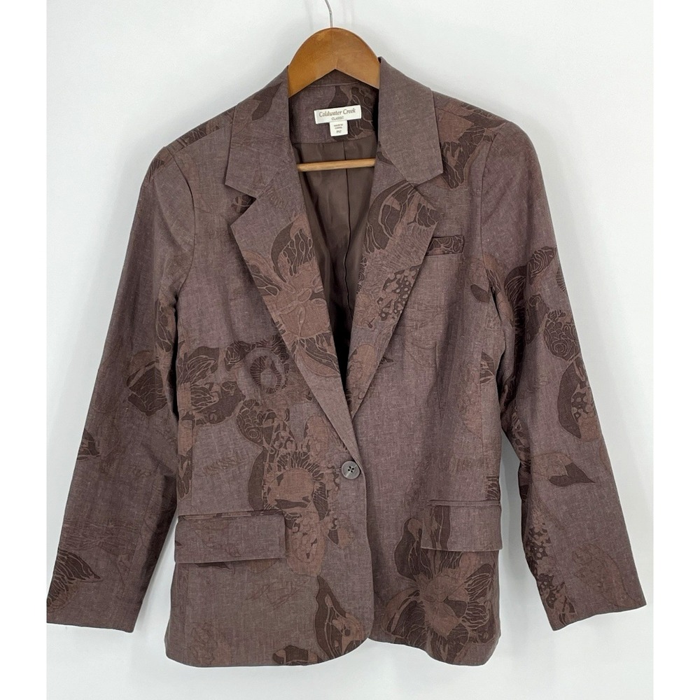 Coldwater Creek Womens 12P Jacket Blazer Brown Linen‎ Blend Lined Floral
